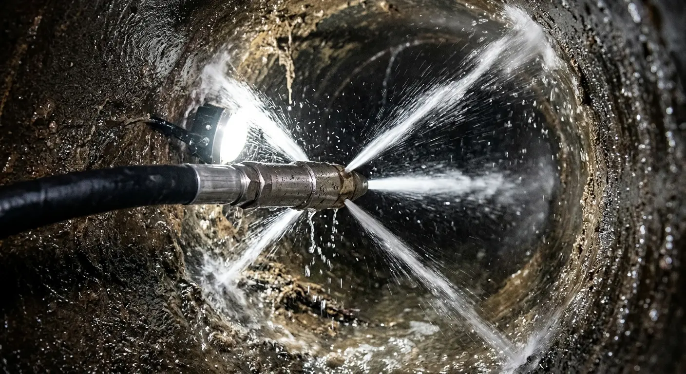 High-pressure hydro jetting nozzle cleaning sewer pipe for Sewer Line Relining in Paola